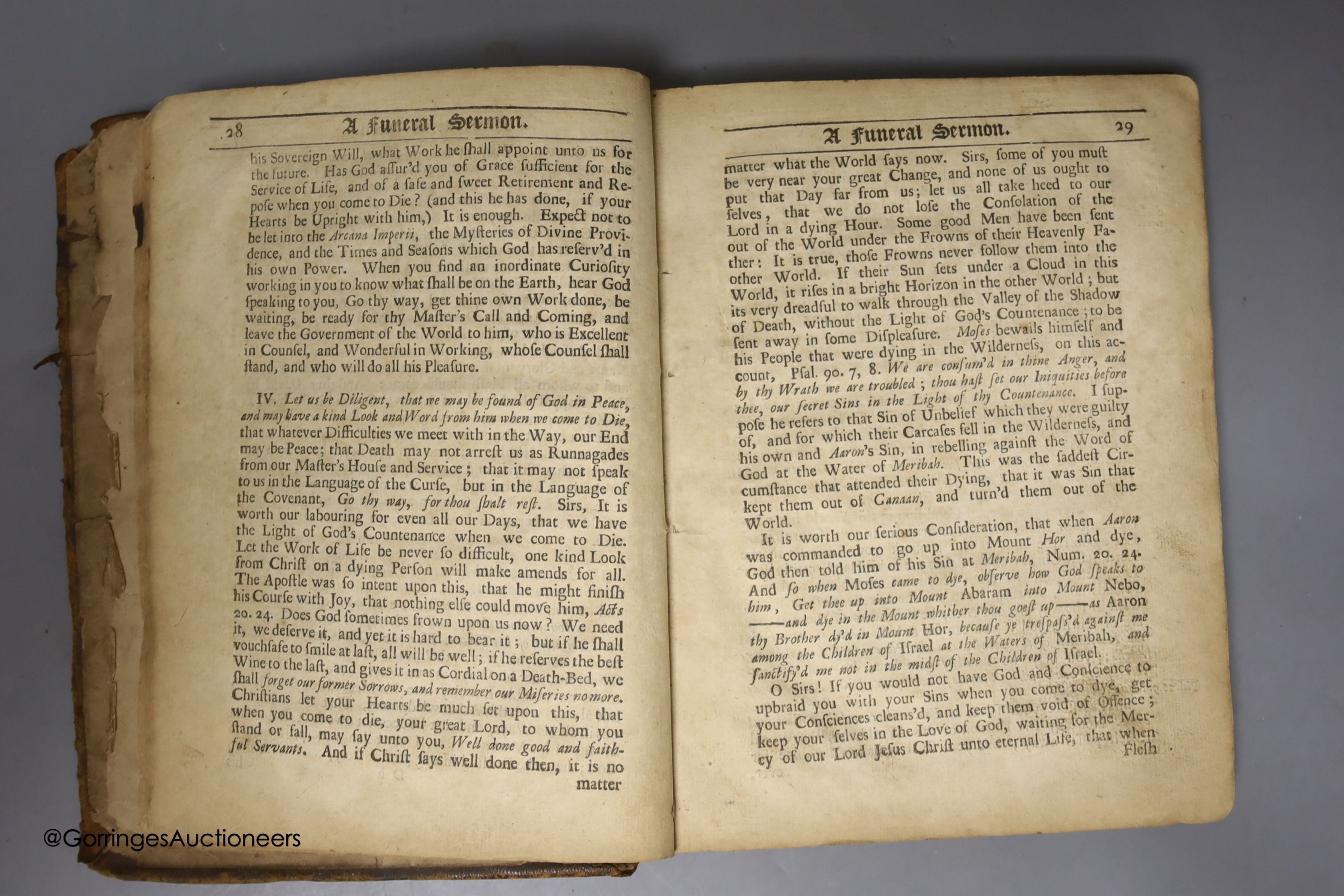 A leather bound volume of 17th / 18th century pamphlets, including a 1706 book on The Funeral Sermon of the late Mr Francis G......